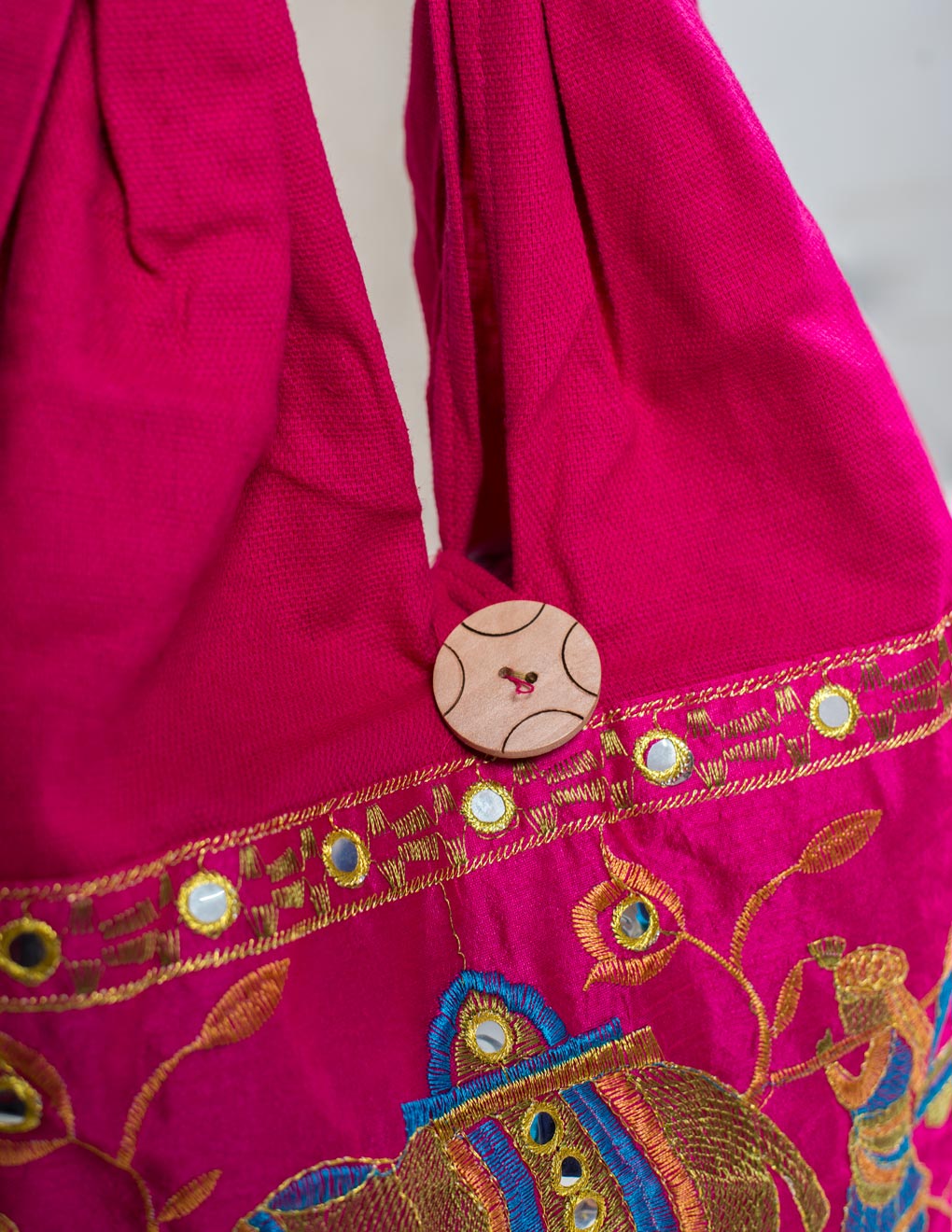 Magenta Cotton Mirror Work Shoulder Bag