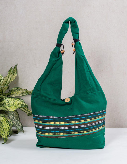 Green Cotton Running Stitch Shoulder Bag