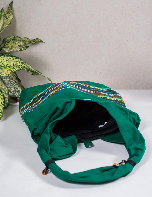 Green Cotton Running Stitch Shoulder Bag