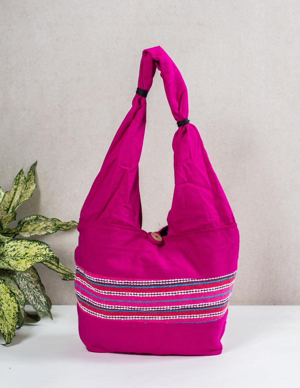 Magenta Cotton Running Stitch Shoulder Bag