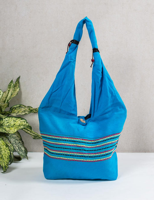 Blue Cotton Running Stitch Shoulder Bag