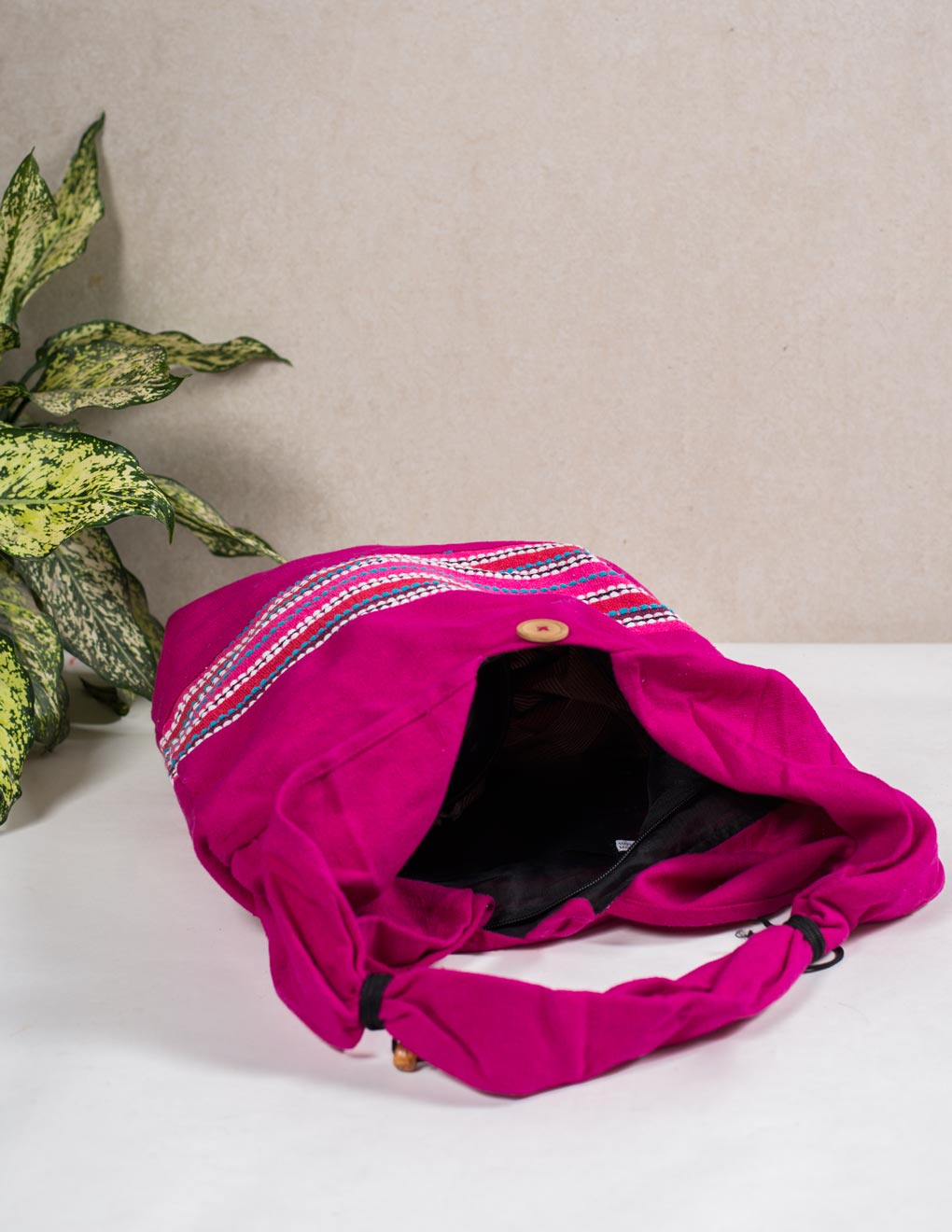 Magenta Cotton Running Stitch Shoulder Bag