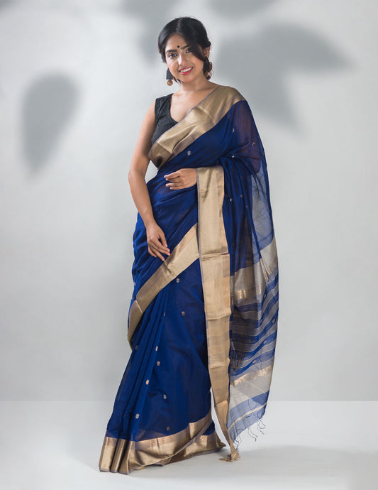 Blue Hand Woven Pure Maheshwari Silk Buti Saree
