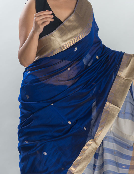Blue Hand Woven Pure Maheshwari Silk Buti Saree