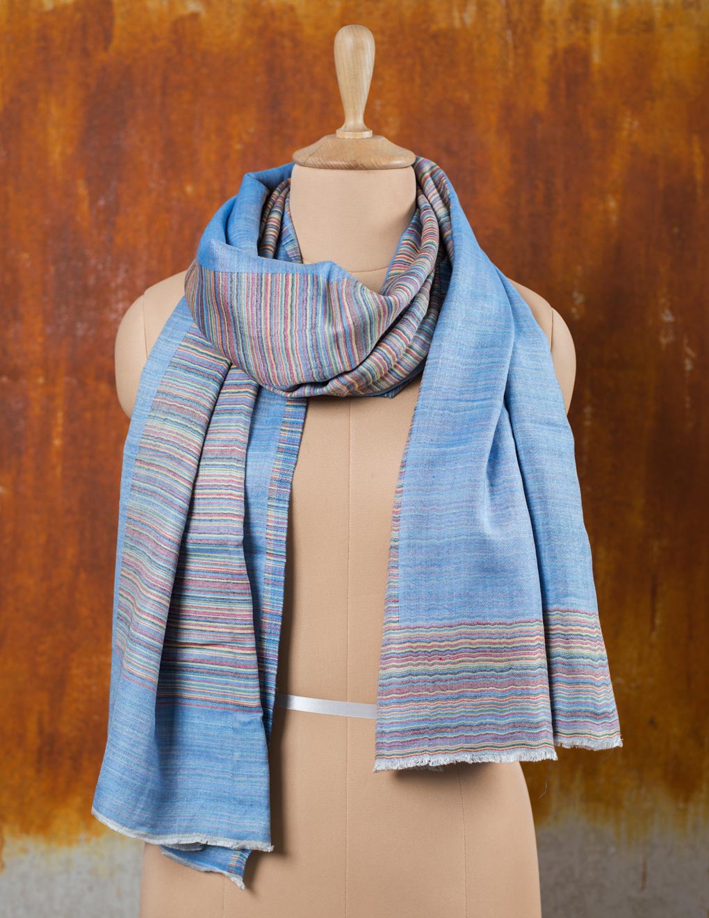 Denim Blue Reversible Stripe Modal Silk Stole