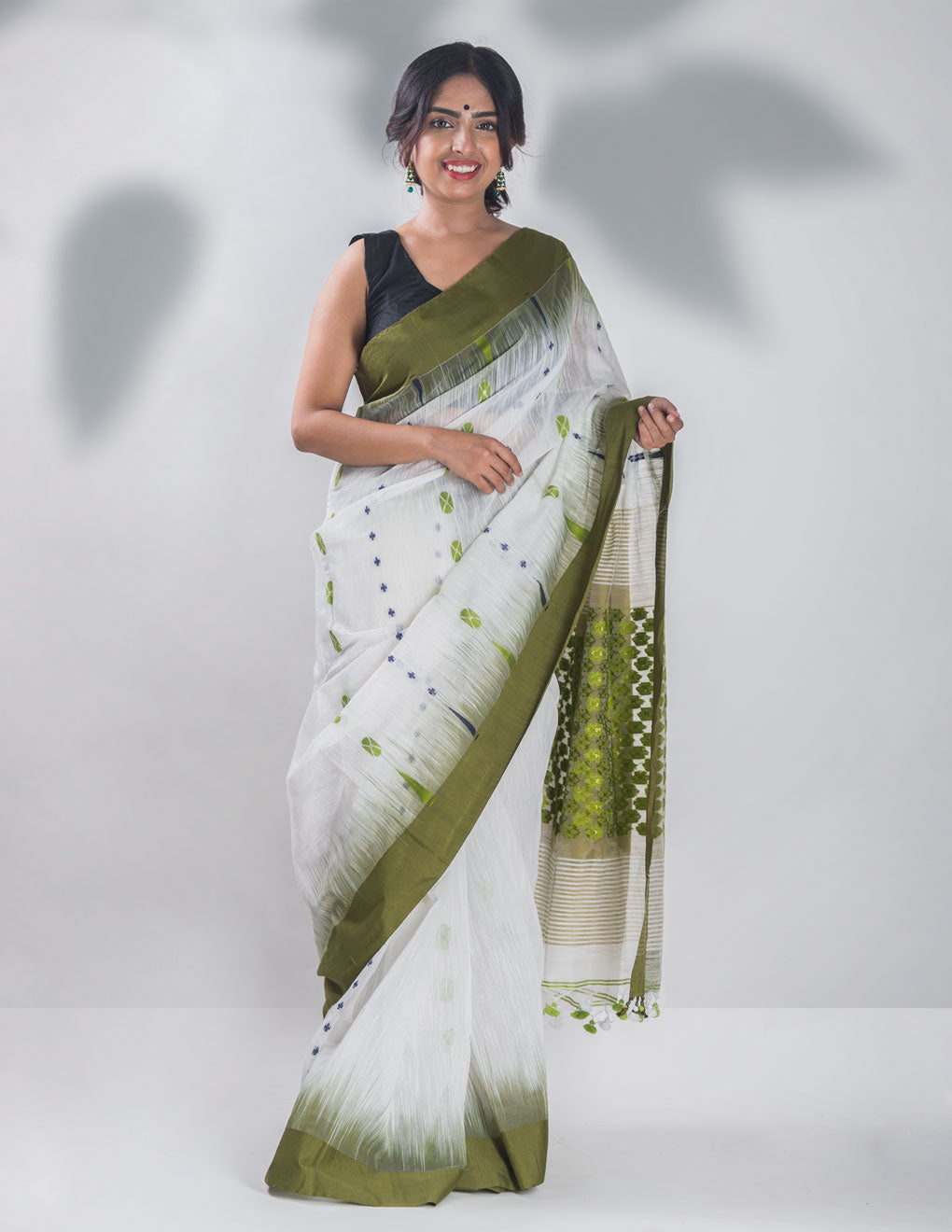 White & Green Handloom Cotton Jamdani Saree