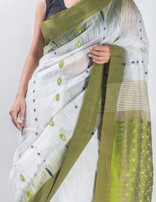 White & Green Handloom Cotton Jamdani Saree