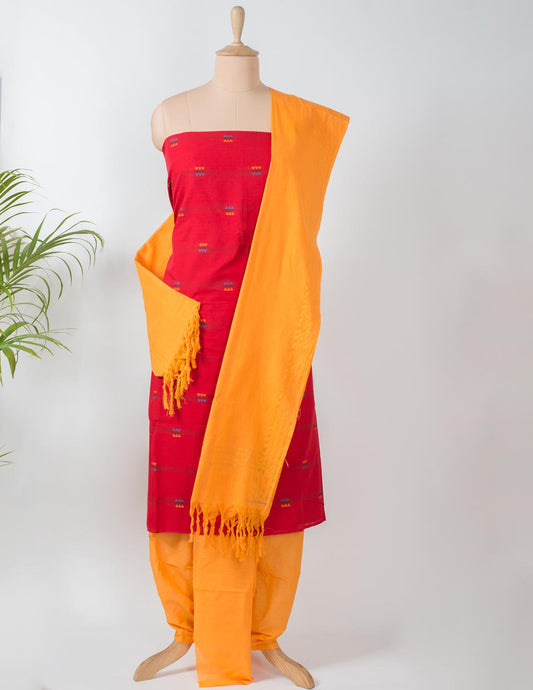 Red Handloom Cotton Woven Unstitched Suit