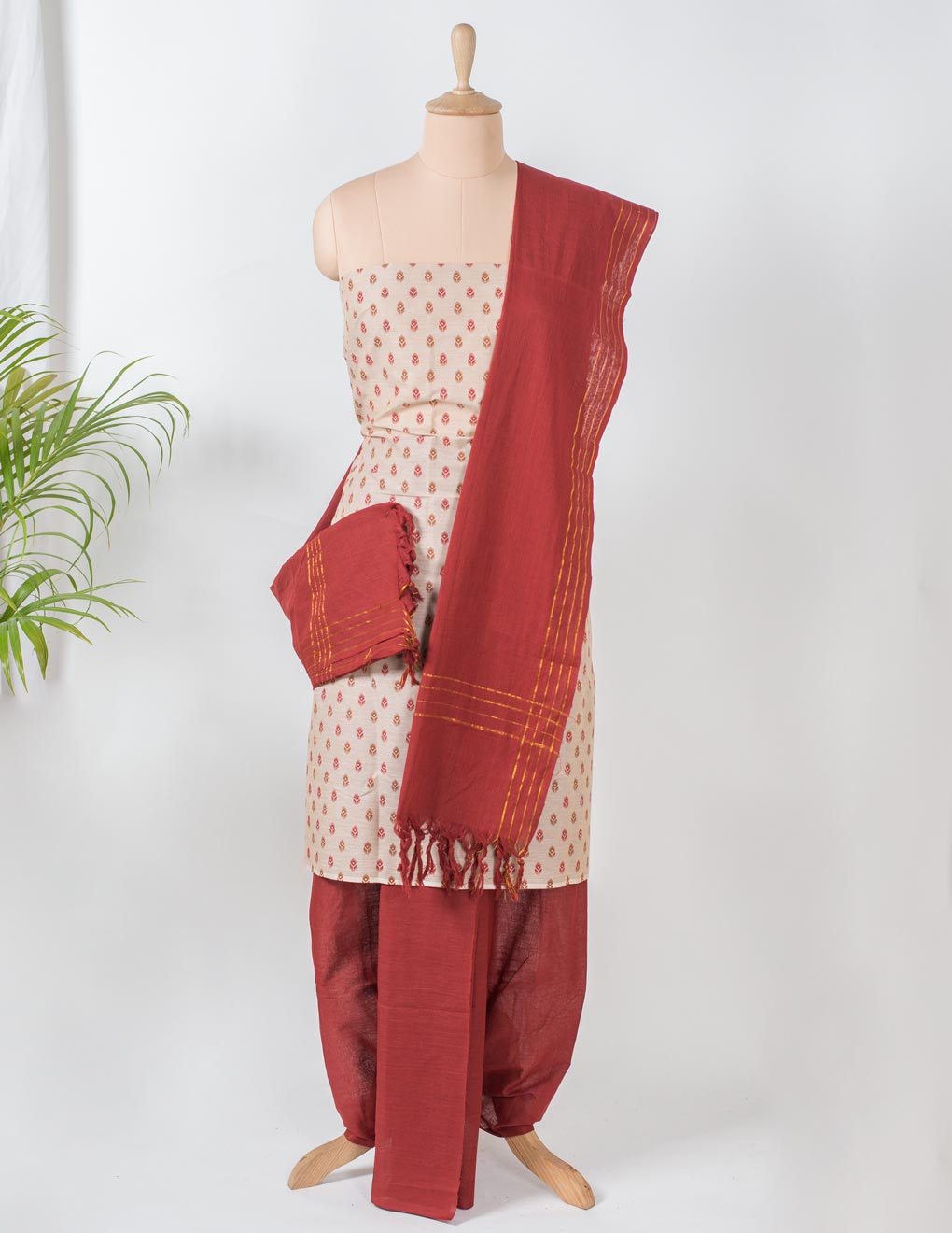 Beige Handloom Cotton Printed Unstitched Suit