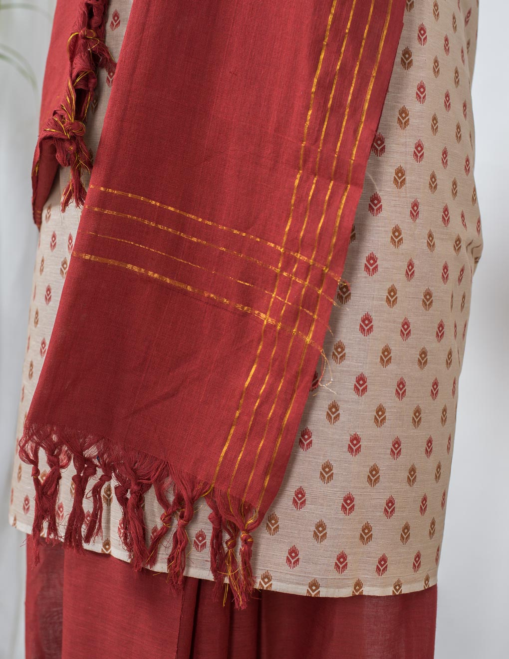 Beige Handloom Cotton Printed Unstitched Suit