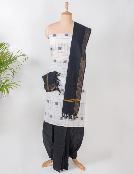 White Check Handloom Cotton Woven Unstitched Suit