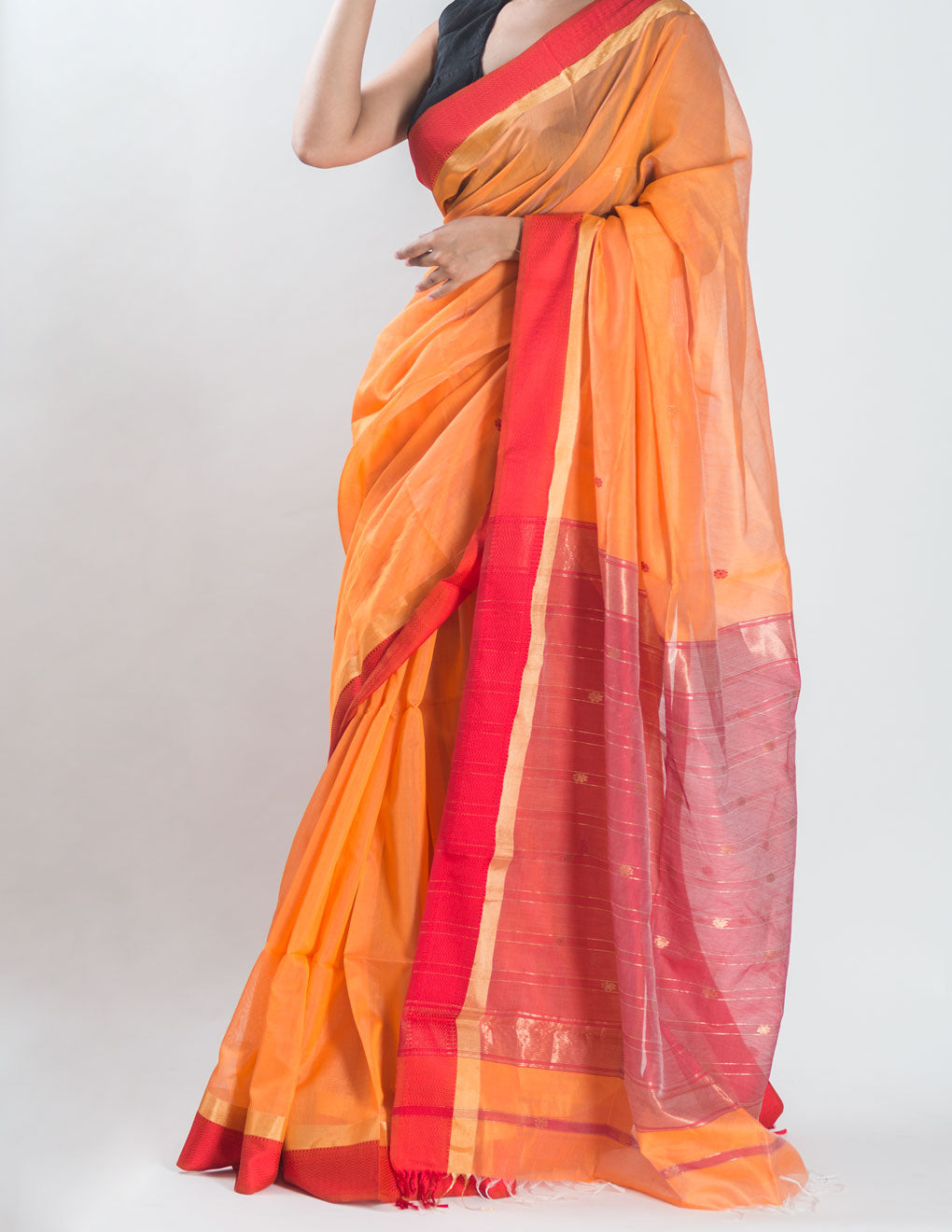 Coral Hand Woven Pure Maheshwari Silk Buti Saree